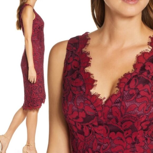 Eliza J Tulip Hem Lace Cocktail Dress Burgundy 4 - Picture 3 of 11